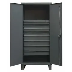 Stationary, assembled cabinet with welded steel construction, gray powder-coated finish, and leg base. Includes one adjustable shelf and a swing handle with padlock hasp for secure storage. Panel thickness is 12 ga. Suitable for organizing tools, parts, and supplies in workshops, warehouses, and manufacturing facilities.