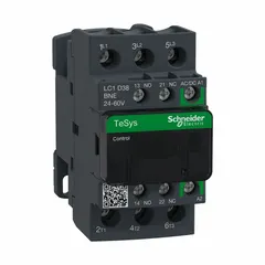 Non-reversing IEC contactor with 3 poles and 3 normally open contacts rated at 38 A. Coil voltage is 48 V AC at 60 Hz. Suitable for switching three-phase motors, lighting, and HVAC loads in industrial control panels.