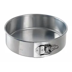 Uncoated aluminum springform cake pan with a 10 3/8 in overall diameter. Features a closed bead and solid perforation. Suitable for baking cheesecakes, tortes, and layered cakes where the removable side facilitates clean release.