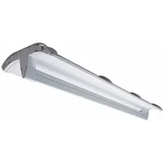 This 8 ft linear LED bay light delivers 10,400 lumens at 4000K with a general distribution pattern, suitable for mounting heights from 8 to 18 feet. It operates on 120-277V AC and accommodates (2) LFL lamps. Typical applications include warehouses, assembly lines, and retail floors.