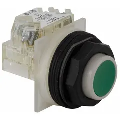 Momentary-action push button with extended profile for protruding actuator applications. Non-metallic construction, 30 mm mounting size, and 1 normally open contact. Suitable for control panel start/stop stations and conveyor controls.