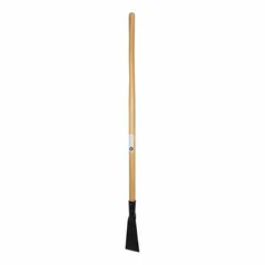 Steel ice scraper with a beveled edge blade, 4 in wide, mounted on a straight 48 in wood handle. Weighs 4 lb. Used for breaking and removing ice from walkways, driveways, and loading docks.