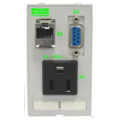 Panel interface insert with NEMA 5-15 power socket rated 125 V AC and one SUB-D9 female-to-male data port. Designed for panel-mount integration in control cabinets and machinery to combine power and data connections in a single unit.