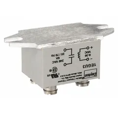 This DC-controlled solid state relay features a triac AC output with a Form A switch configuration. It provides an output voltage range of 24 to 280V AC and a maximum output current of 6 A without a heat sink. The relay is surface mounted with screw electrical connections and is not finger-safe. Typical applications include switching AC loads in industrial control panels, packaging machinery, and HVAC systems.