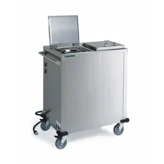 NSF Certified stainless steel plate dispenser cart with 10 1/4 in plate capacity and 42 3/4 in overall height. Silver finish with one swivel caster for mobility. Used in commercial kitchens and foodservice operations to hold and warm plates before serving.