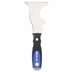 This painter's multi-tool features a corrosion-resistant blade for scraping paint, opening cans, and cleaning rollers. The plastic handle provides a comfortable grip. Blade length is 4 1/4 inches, blade width is 3 1/4 inches. Suitable for painting preparation and finishing tasks.