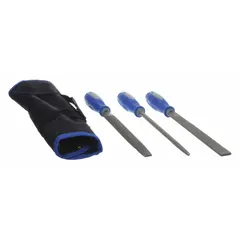 This file set includes three 8-inch wood rasps: flat, half round, and round. Each rasp is suited for shaping and smoothing wood surfaces. The set comes with a handle for secure grip and a pouch for organized storage. Typical applications include carpentry, woodworking, and general fabrication tasks requiring material removal or contouring.