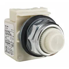 White incandescent pilot light from the 9001K Series. Provides visual indication of machine status in industrial control panels and automation systems. 30 mm panel mounting size. No push-to-test feature included.