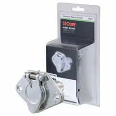 This 6-way electrical plug connects trailer lighting and brake systems on boat, farm, horse, and utility trailers. It provides a reliable link between the towing vehicle and trailer, ensuring turn signals, brake lights, and running lights function properly during transport.