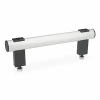 This front-mount tubular pull handle features a silver finish and black polyamide leg style. It has an 11.81 in mounting hole center-to-center spacing and M8 screw size. Suitable for use on industrial enclosures, machinery doors, and panel applications requiring a load-rated handle