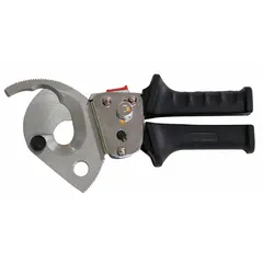 This ratcheting cable cutter is designed for cutting aluminum electric cable up to 1000 kcmil maximum diameter. The straight cutting head and plastic handle provide a secure grip. The ratcheting mechanism enables clean cuts with minimal effort. Suitable for electrical installation and maintenance tasks in industrial, commercial, and utility settings.