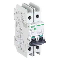 This 2-pole miniature circuit breaker features a C-Curve trip characteristic and is UL489 listed for branch circuit protection. Rated 10A with a maximum interrupting rating of 14kA at 120/240V AC and voltage rating of 240/277/480V AC. Terminals are screw clamp type. Suitable for overcurrent protection in commercial and industrial distribution panels, lighting, and motor circuits.