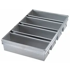 This aluminized steel Pullman bread pan features four slots for baking multiple loaves simultaneously. The 13 3/4 in overall width and 4 in depth accommodate standard bread recipes. Suitable for commercial bakeries and foodservice operations requiring high-volume bread production.