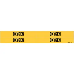 Yellow adhesive pipe marker with black legend reading 'Oxygen'. Fits pipe outer diameters from 3/4 to 2-3/8 inches. Pack of four markers without arrows. Used to identify oxygen piping in industrial and facility systems.