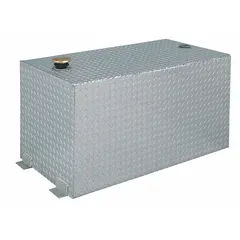 Rectangular aluminum transfer tank with clearcoat finish, 0.125 ga thickness, and 100-gallon capacity. Designed for diesel fuel storage and transport. Suitable for refueling equipment in industrial, construction, and agricultural settings.
