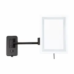 Rectangular wall-mounted makeup mirror with glass construction and a black metal frame. Features front lighting and a polished edge. Overall dimensions: 13 in height, 11 in width, 3 in depth. Suitable for bathrooms, dressing rooms, and vanity areas.