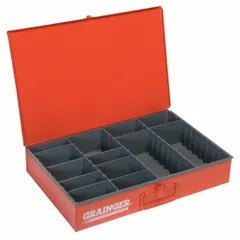 Red adjustable compartmented box with 9 removable dividers, allowing 4 to 13 compartments. Each compartment measures 3 in x 4-5/16 in x 11-7/16 in. Used for organizing small parts, fasteners, and tools in industrial workshops and maintenance facilities.