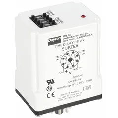 Socket-mounted single-function time delay relay with On Delay operation. Rated 240V AC and 10 A with 8 pins/terminals. Used in industrial control panels for sequenced startup of motors, conveyors, and HVAC equipment.