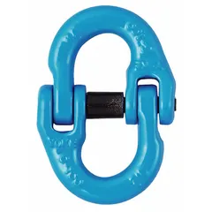 Hammerlock-type lifting connecting link for joining chain ends in overhead lifting and rigging. Compatible with 3/8 in 100-grade chain systems. Used in industrial material handling and hoisting applications.