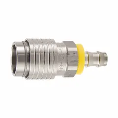 This NSS Series coupling body features a male hose barb connection with hose barb thread size, constructed from stainless steel. It is designed for hydraulic quick-connect applications in fluid power systems, allowing rapid connection and disconnection of hoses. The coupling operates within a temperature range of -70° to 250°F.