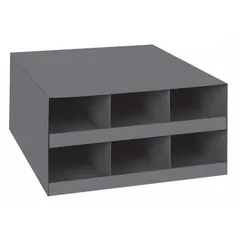 Standalone horizontal rod storage rack with 6 pigeonhole bays. Overall dimensions 16 1/8 in x 18 in x 6 in; usable bay dimensions 5-1/4 in x 18-3/8 in. Gray finish. Designed for organized storage of rods in workshops and fabrication facilities.