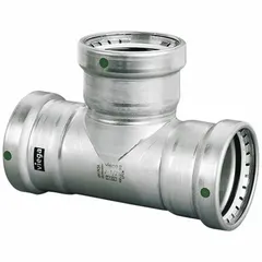 Stainless steel press tee fitting with EPDM seal. Connects three pipes in a T-configuration for branch connections in industrial piping systems. Pipe sizes: 3 in x 3 in x 2-1/2 in.