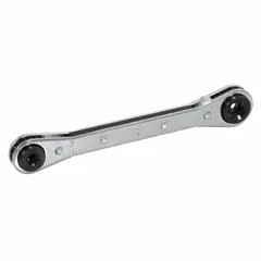 This SAE double-end square-drive box end wrench set features head sizes of 3/16 in and 5/16 in with a chrome finish. Designed for precise torque application on SAE fasteners, it is suited for use in tight spaces during assembly, maintenance, and repair tasks.