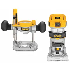 Compact corded router with 1.25 hp motor and variable speed up to 27,000 RPM. Includes both fixed and plunge bases for edge profiling, trimming, and joinery on hardwood and softwood. Features soft-start technology and 1/4 in collet. Operates on 120V AC.