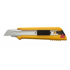 This 18mm snap-off knife features a textured yellow plastic body with a straight-edge design. Each blade has 8 snap-off segments, and the handle stores up to 6 blades internally. Commonly used for cutting cardboard, drywall, vinyl, and plastic strapping in packaging, construction, and warehouse settings.