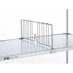 This stainless steel divider organizes and separates items on wire shelving systems. It features a 24-inch ledge size and a silver finish. Suitable for use in commercial kitchens, warehouses, and storage areas to prevent items from mixing or falling.