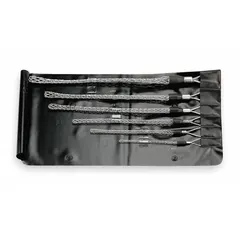 This cable pulling grip kit is used to pull cables through conduit or trays during electrical installations. The galvanized steel mesh grip accommodates cable diameters from 0.25 in to 1.24 in and has a breaking strength range of 450 lb to 3,900 lb, distributing pulling tension evenly to prevent cable jacket damage.