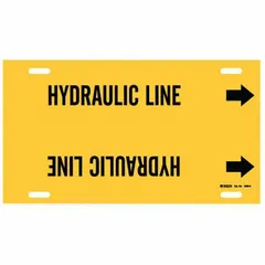Yellow strap-on pipe marker with black legend text reading 'Hydraulic Line' and directional arrows. Fits pipe outer diameters from 8 to 9-7/8 inches. Used to identify hydraulic fluid lines in industrial piping systems, aiding maintenance and repair operations.
