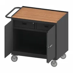 Fully assembled mobile cabinet bench with a hardboard work surface and side handle. Overall load capacity of 1,200 lb. Suitable for industrial workshops, garages, and maintenance facilities where a movable work surface and storage are needed.