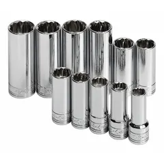 This 11-piece socket set includes metric deep sockets from 9 mm to 19 mm with a 3/8 in drive and 12-point design. The friction ball retainer secures sockets on the drive tool. Suitable for tightening and loosening metric fasteners in automotive, industrial, and mechanical applications.
