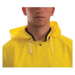 Yellow nylon rain hood with snaps attachment for securing to a coat or jacket. Provides weather protection for the head and neck in outdoor work environments such as construction, maintenance, and industrial sites.