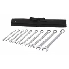 This 10-piece SAE 12-point combination wrench set includes sizes from 1/4 in to 3/4 in. The wrenches feature a satin finish and are suitable for tightening and loosening fasteners in automotive, machinery, and general industrial applications. A storage pouch is included for organization.