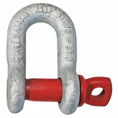 Chain shackle for lifting applications. Body color silver with red accents. Working load limit 6,500 lb. Width between eyes 1 1/16 in. Used to connect lifting chains, slings, or rigging hardware in material handling tasks.