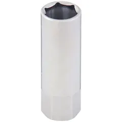 Metric spark plug socket with 16 mm size, 6-point configuration, and deep profile for accessing recessed spark plugs. Chrome finish resists corrosion. Not tether capable. Used for removing and installing spark plugs in internal combustion engines.