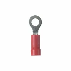 Vinyl-insulated ring terminal with #8 stud size, rated 600 V. Funnel entry aids wire insertion. Used for terminating wires to stud connections in control panels and power distribution.