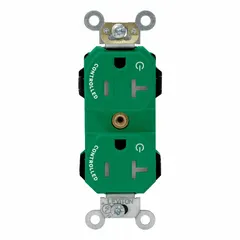 General purpose duplex receptacle rated 125V AC, 20A, with NEMA 5-20 configuration, 2-pole/3-wire grounding. Green housing. Suitable for use in commercial and industrial branch circuits to power equipment requiring a 5-20R outlet.