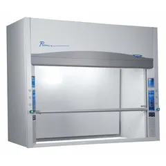 This 4 ft overall width high performance ducted fume hood is a by-pass model with a built-in exhaust blower. It is designed for laboratory use to contain and exhaust hazardous fumes, vapors, and particulates. A separate base/stand and work surface are required for operation.