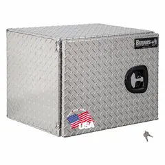 Silver single barn-door box with keyed lock and 18-inch overall depth. Provides secure storage for tools and equipment in fleet vehicles and maintenance trucks.