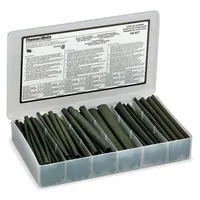 This 74-piece heat shrink tubing assortment kit includes black tubing with a 2:1 shrink ratio and a 3/8 in inner diameter before shrinking. The 6 in lengths accommodate wire sizes from 0.18 in to 1.00 in. Supplied in a plastic storage case, it is used for insulating, protecting, and bundling electrical wires and cables in various applications