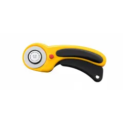 This retracting blade rotary cutter features a 1-3/4 in diameter tungsten blade and a 6-1/2 in plastic and rubber handle. The blade retracts for safe storage. Suitable for cutting fabric, paper, and other sheet materials in sewing, quilting, and crafting applications.