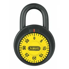 This combination padlock features a steel body and steel shackle with a yellow dial for keyless operation. It is used to secure lockers, cabinets, toolboxes, and gates in industrial and commercial settings.