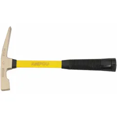 This bricklayer hammer features a 2 lb aluminum bronze head with a perpendicular striking face and a fiberglass handle. The non-sparking construction is suited for masonry work in environments where spark prevention is required, such as cutting and setting brick, block, or stone.