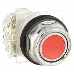 Non-illuminated flush-mount push button from the 9001K series. Features a metallic operator, 30 mm flush profile, and SPDT contact configuration with momentary action. Suitable for use as a control switch in industrial machinery and control panels where a low-profile actuator is required to minimize accidental operation.