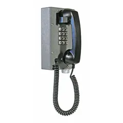 Rugged VoIP telephone with steel body and corrosion-resistant construction for indoor hazardous environments. Features electronic ringer, keypad, and curly cord with 10/100 Mbps network connectivity. Surface-mount, wall-mountable design for reliable communication in areas where standard phones are unsuitable.