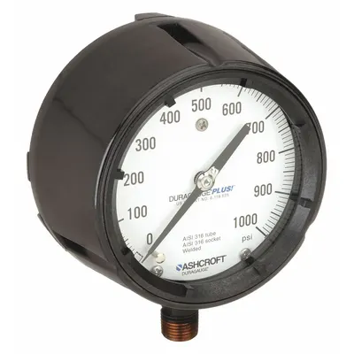 ASHCROFT Process Pressure Gauge: 0 psi to 1,000 psi, White, 4 1/2 in Dial, 1/2 in NPT Male - Vibration-Resistant All-Stainless Steel Wetted Parts & Casing