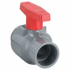 This CPVC ball valve features a straight body with socket x socket connections for solvent-cement joining. The tee handle provides manual two-way shut-off control. Rated for 235 psi CWP, it is suitable for corrosive fluid handling in industrial piping systems.